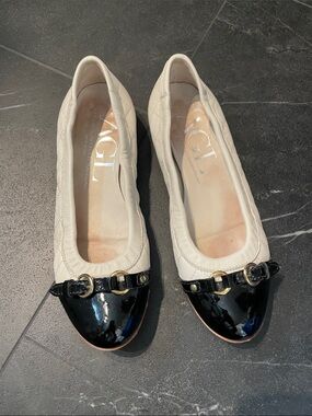 AGL cream Quilted Ballet Flats with Black Patent Cap-Toes
